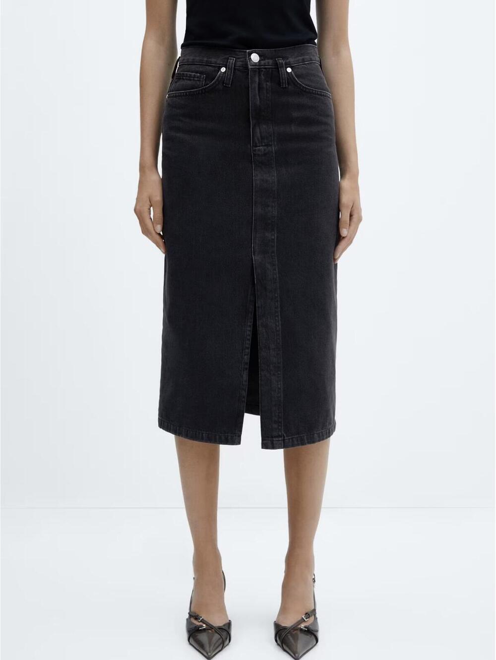 Mango Denim Midi-Skirt NWT Slit Midi Skirt Soleil Black Denim Size Small